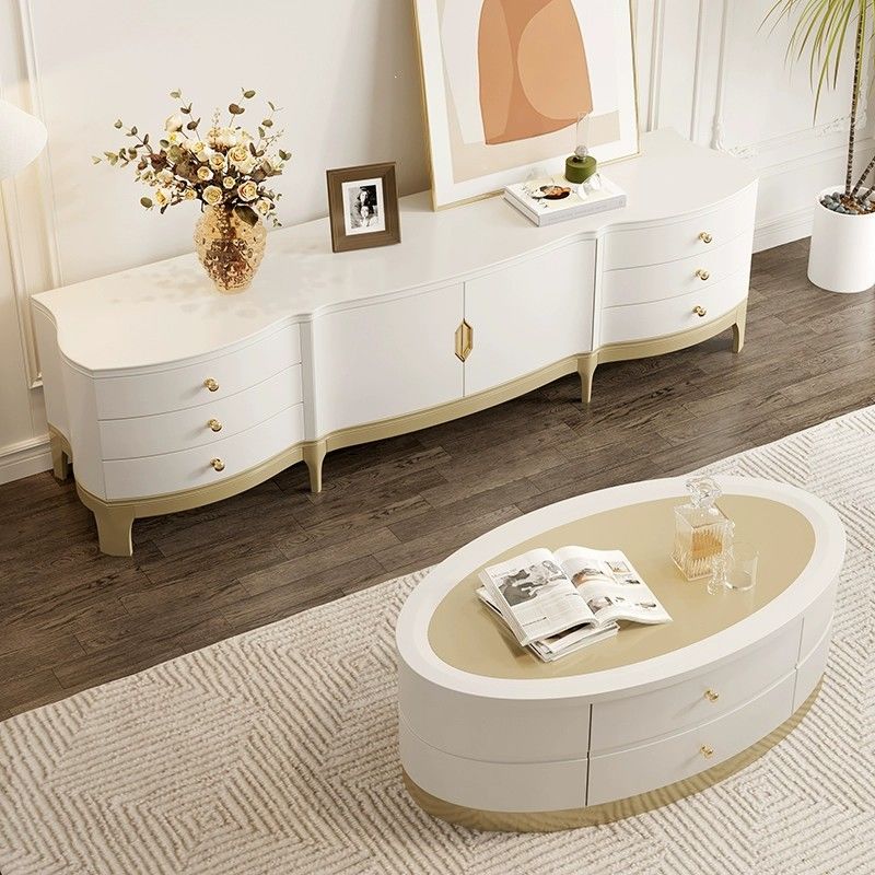 Xinmufang American Light Luxury Solid Wood Tv Cabinet Coffee Table Combination Milk White Small Apartment Floor Cabinet Cream Style Tv Cabinet