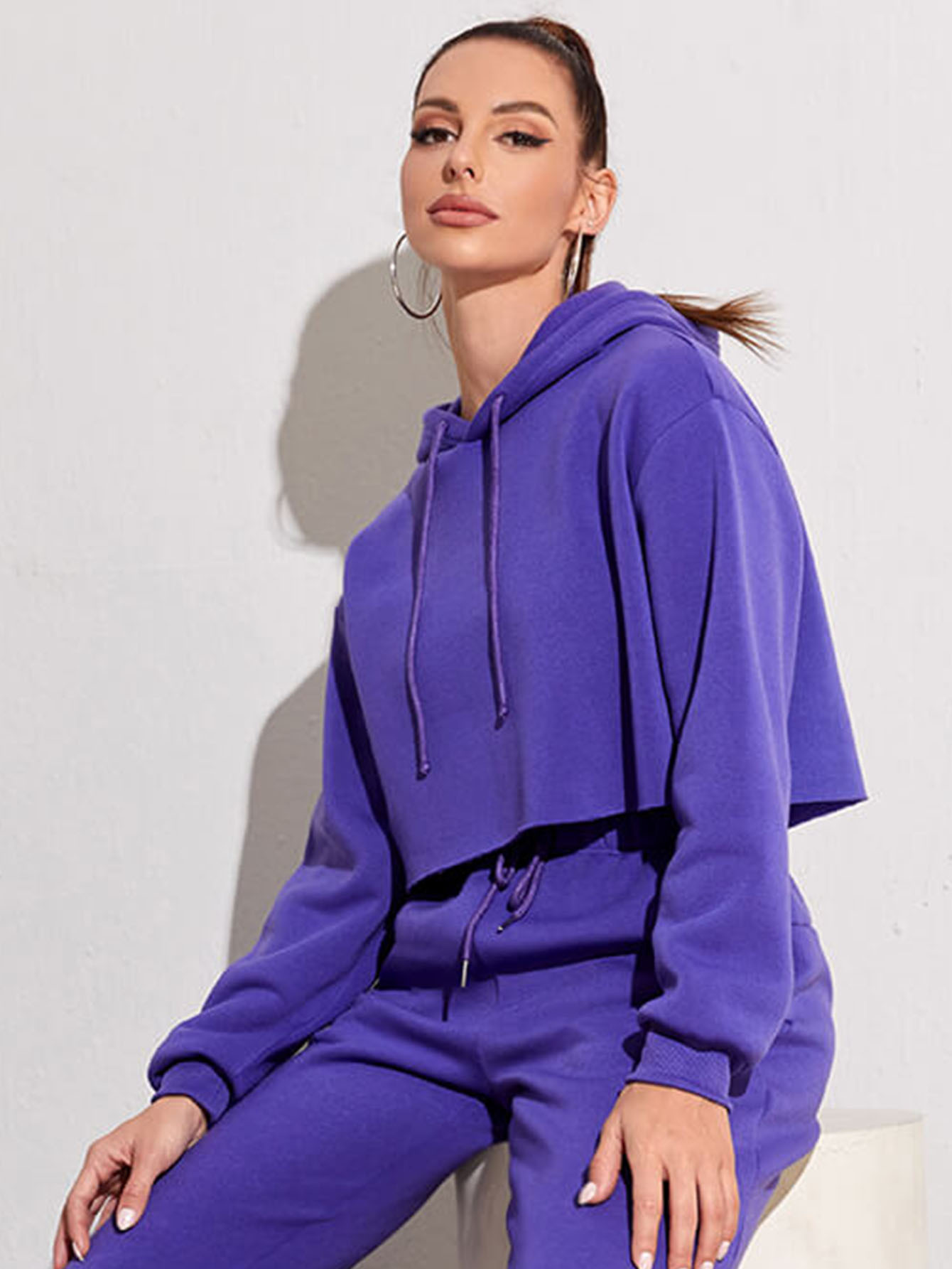 Fleece Solid Color Short Navel-Exposed Hooded