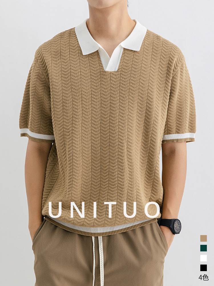 Hombres lujosos de lujo alto sentido antiguo estilo de hielo polo de manga corta hombre rápido seco camiseta de punto de cuello en V camiseta casual hombre