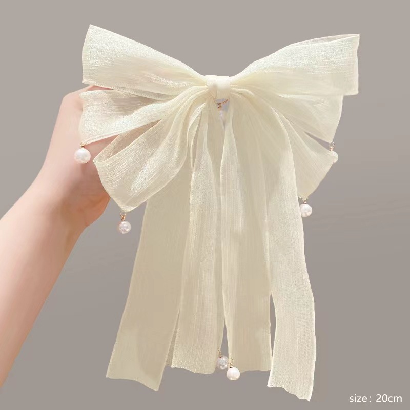 2025 Summer New Bow Ribbon Hair Clip for Women with Imitation Pearl Pendant, Back of Head Top Clip, Spring Clip, Ponytail Clip