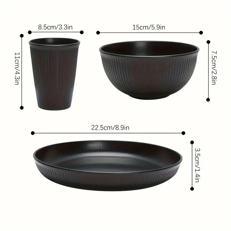 亚马逊小麦秸秆餐具套装黑色家用竖纹碗碟餐具套装水杯碗盘18件套|undefined