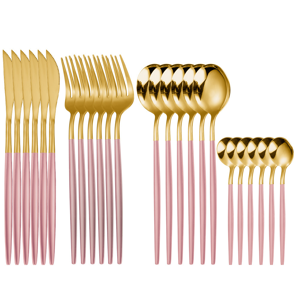 En stock de acero inoxidable chapado en oro vajilla occidental de cuatro piezas principales cuchillo, tenedor y cuchara suministro transfronterizo conjunto de 24 piezas traje de vajilla portuguesa