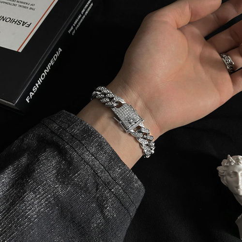 Diamond-embellished Cuban link bracelet for men, trendy, high-end, fashion, Western and European style, niche, personalized design, jewelry for women as gifts, accessories