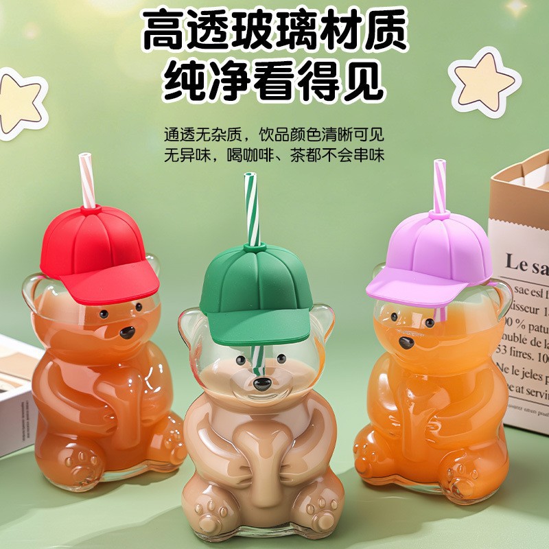Taza de vidrio de oso caliente taza de paja taza de navidad de alto valor facial de oso encantador taza de bebida de leche de dibujos animados