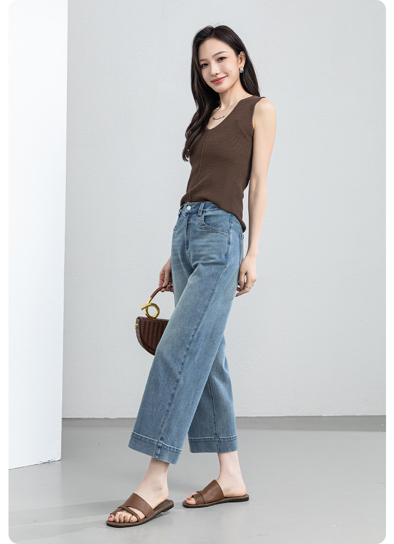 Quần jean nữ ống rộng cạp cao dáng suông mùa hè — Xanh da trờicolor chi tiết 25