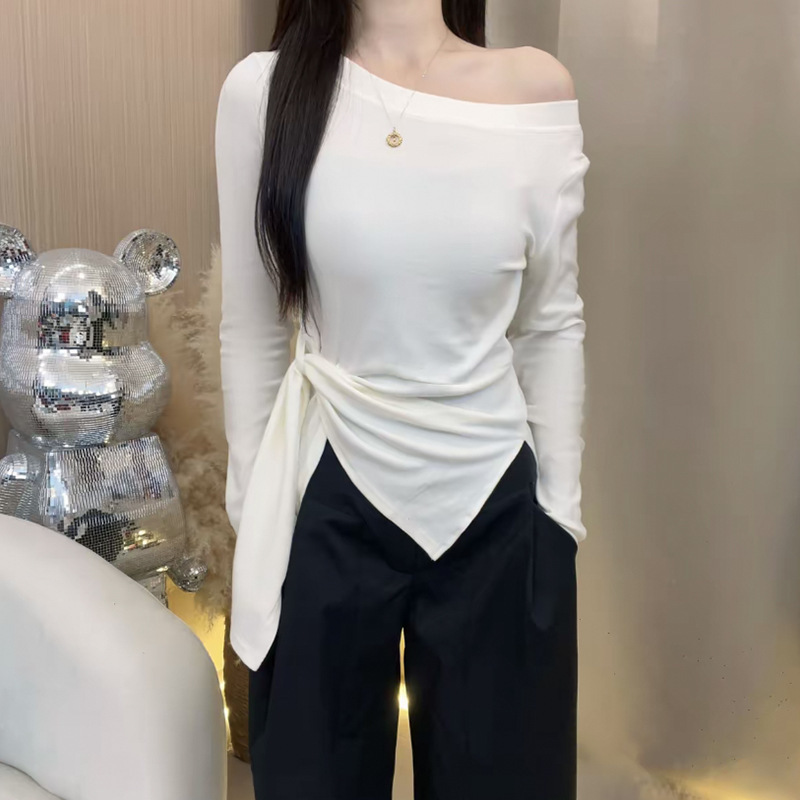 韩系设计感一字肩长袖T恤女2025早秋新款修身显瘦百搭上衣女|undefined