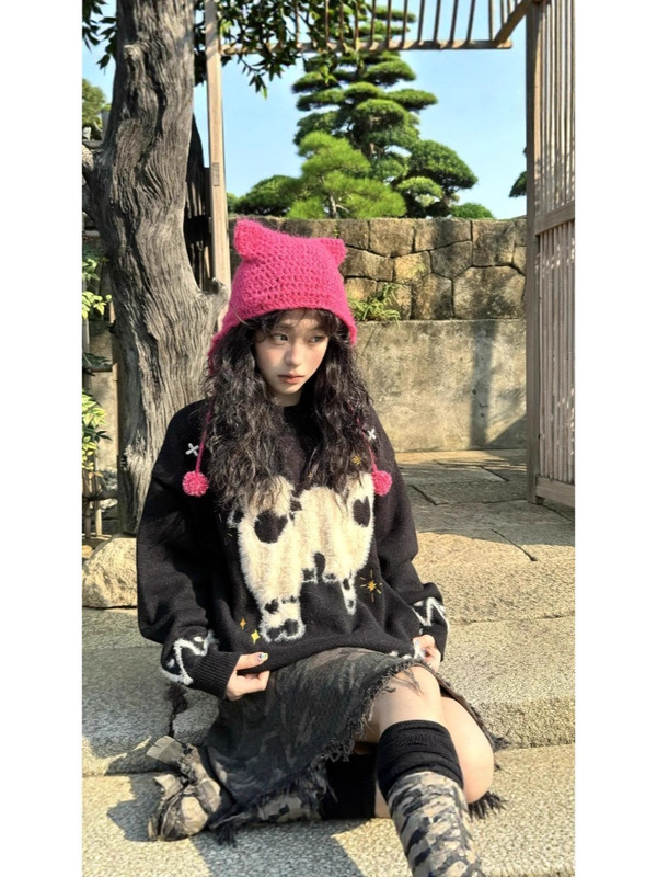 跨境韩系毛茸茸软糯绵羊提花黑色毛衣女秋冬宽松慵懒风长袖针织衫|undefined
