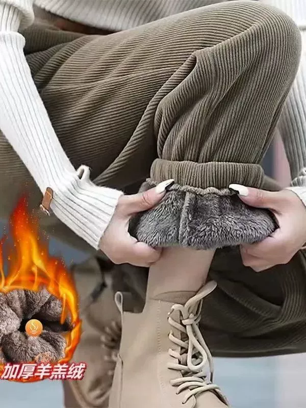 Тёплые универсальные брюки со шнурком, высокая талия, свободный прямой крой, утолщённая бархатная подкладка