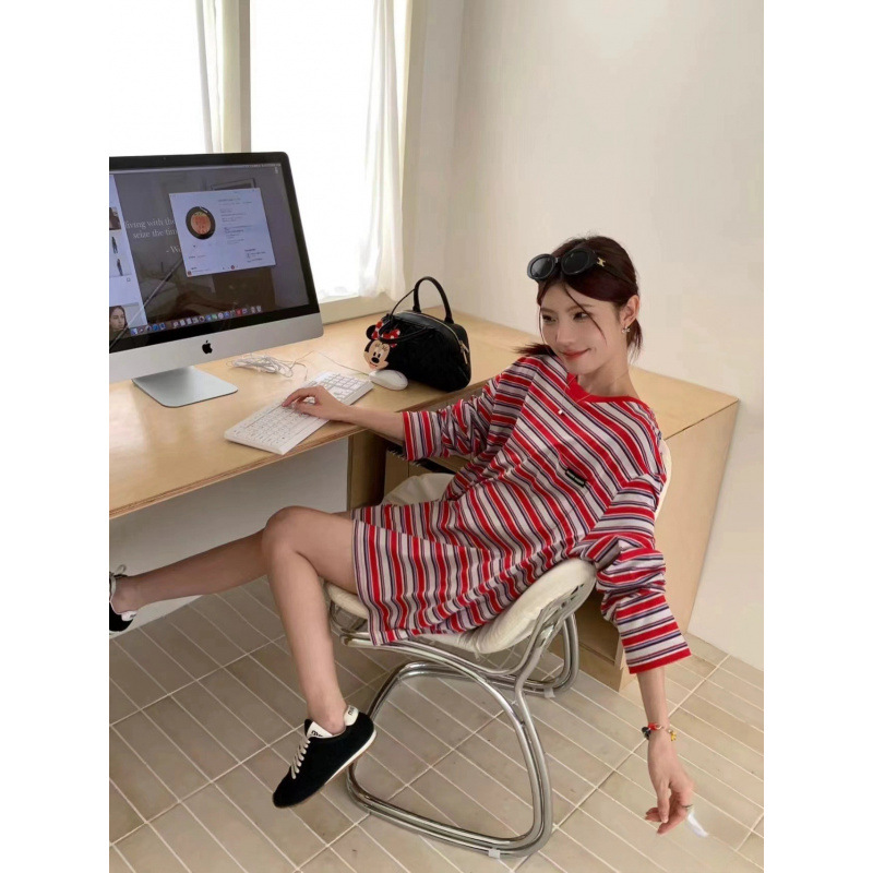 Miu Miu üslubunda zolaqlı uzunqol köynək, unisex casual