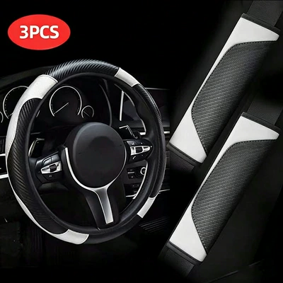 carbon fiber pattern leather, universal for | Steering wheel cover - white-three-piece-set-38cm