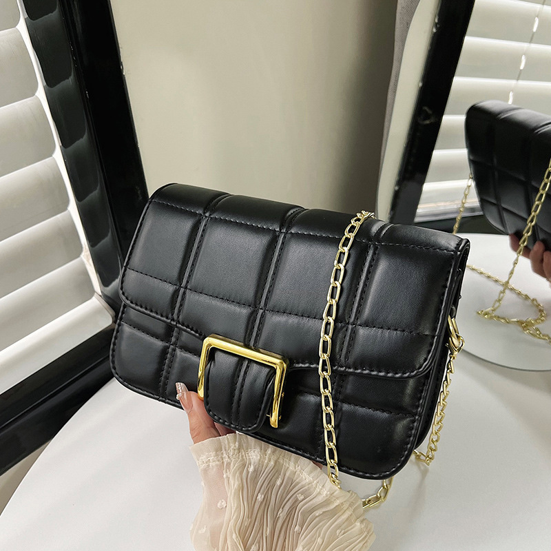 格紋質感女士單肩包2024新款簡約皮帶裝飾鏈條斜跨包小方包女包包