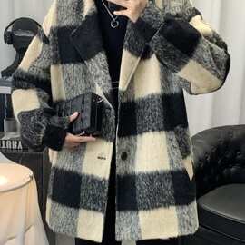 青少年风衣外套男款2025新款秋冬韩系小香风格子翻领毛呢短款大衣