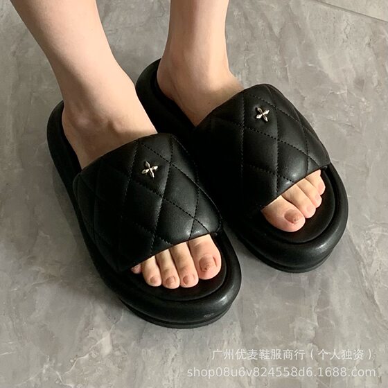 Ni Ni Same-style X-SMFK Black Balloon Rhomboid Slippers Women's Cross Outer Wear Thick-soled Cloud Loaf Loafers