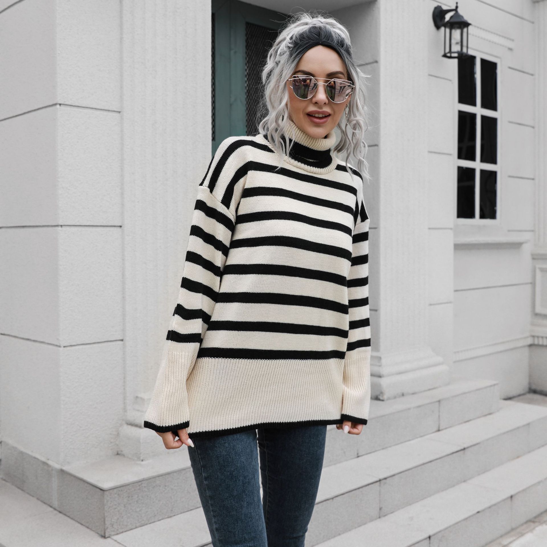 Popular Striped Bottom Slit High Collar Mid Length Women Loose Fall Winter Sweater