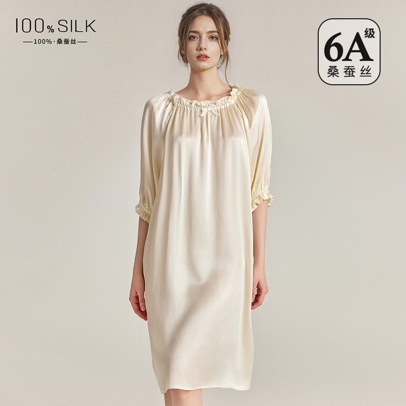 16 Mmi Silk Nightgown Women's Loose plus size Bubble Sleeve Long dress 100% Mulberry Silk Home Wear Pajamas