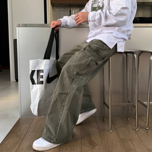 2025 New American Style Tooling Jeans Washed Vintage Large Pocket Straight Pants Men's Fashionable Straight Pants Old