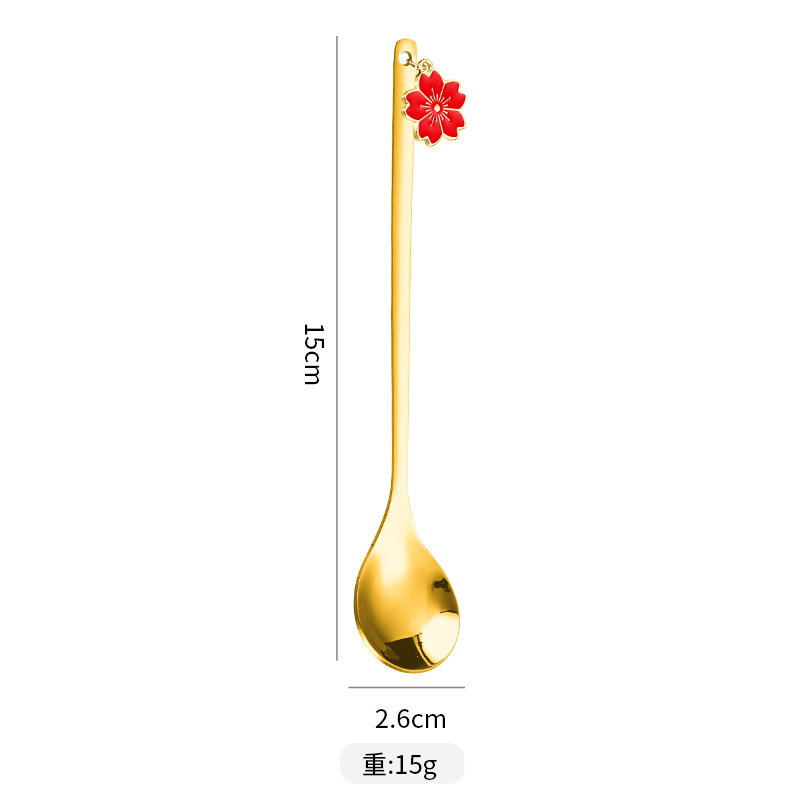 Cucchiaio da dessert per caffè in acciaio inossidabile transfrontaliero con ciondolo creativo a forma di fiore di ciliegio giapponese, colore oro._voghion.com