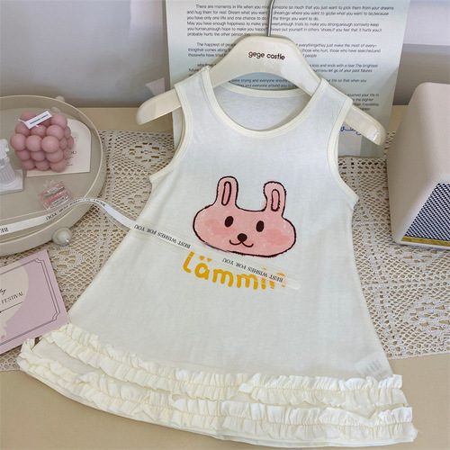 韩版童装2024新款夏季女童兔子T恤背心裙儿童洋气卡通印花连衣裙