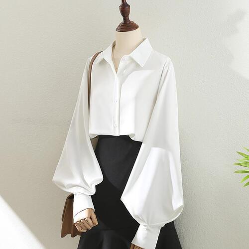 Temperament professional white lapel shirt for women 2025 spring lantern sleeves all-match commuting design Western-style shirt