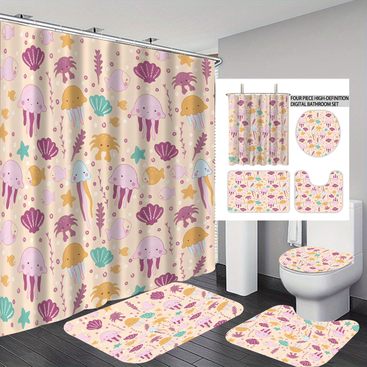 Temu cortina de baño impermeable personalizada serie de elementos marinos 3D impresión poliéster cortina de baño de cuatro piezas fábrica image 32