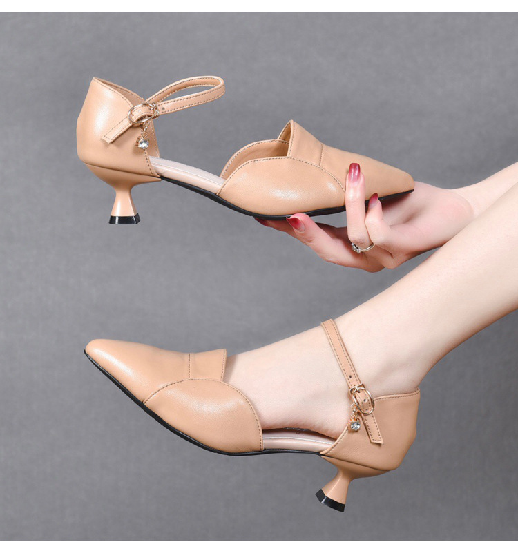 Xăng đan nữ mũi nhọn da thật quai ngang gót nhỏ 3 cm — Gót đen cao 3 cm chi tiết 16