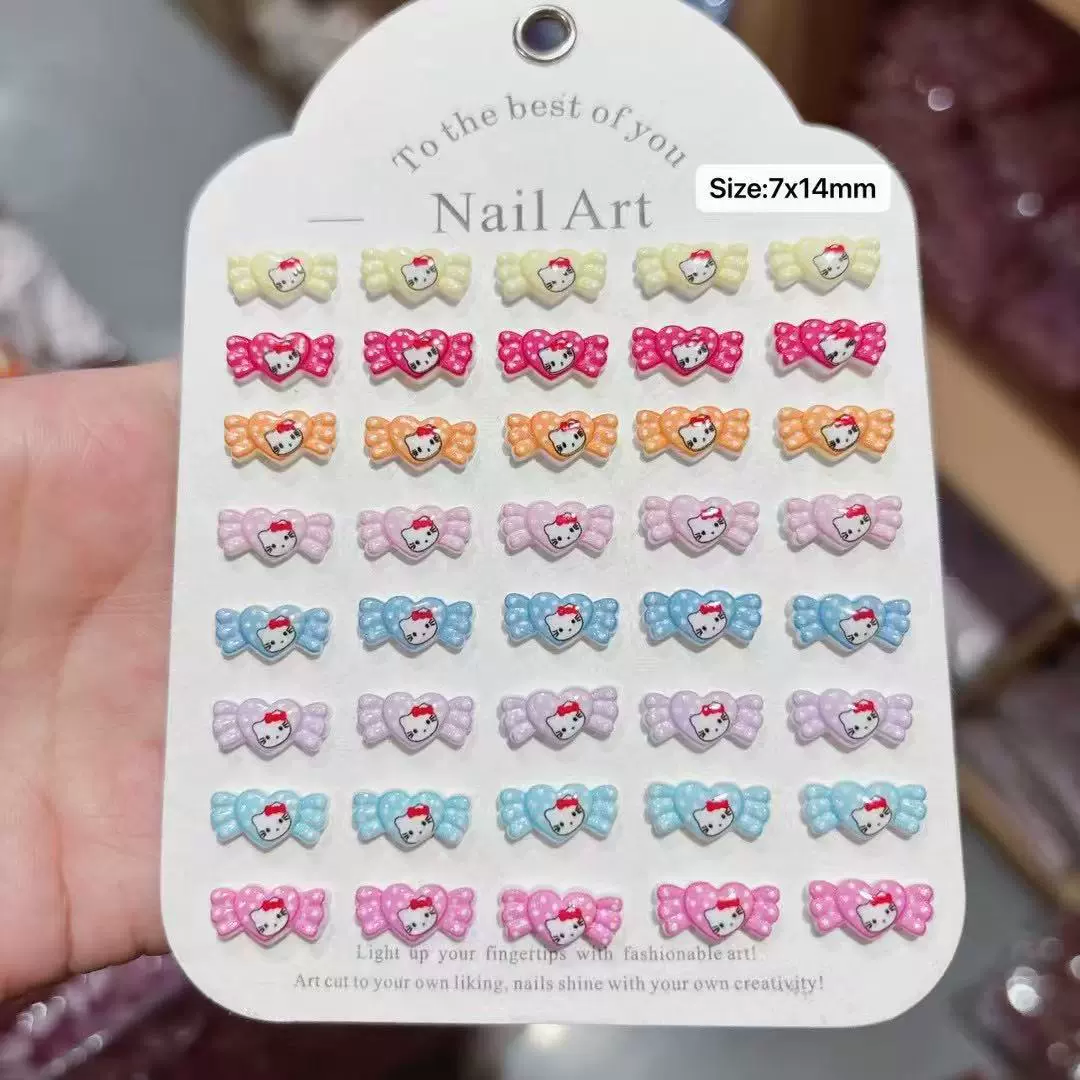 Милый кот hello kitty, украшения для ногтей, украшения для ногтей Sanrio, полосатые блестящие ногти, носимые ногти своими руками