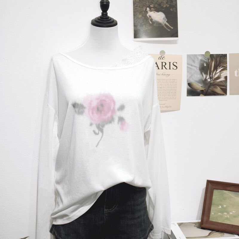Pure Desire Hot Girl Style Off-Shoulder Lace T-Shirt for Women, Summer Thin Loose-Fit Rose Print Sunscreen Base Shirt Pure Desire Hot Girl Style Off-Shoulder Lace T-Shirt for Women, Summer Thin Loose-Fit Rose Print Sunscreen Base Shirt