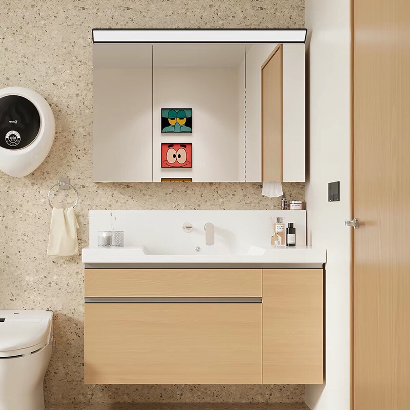 Japanese-style bathroom cabinet with high-back artificial stone integrated basin, ceramic integrated basin, bathroom washstand