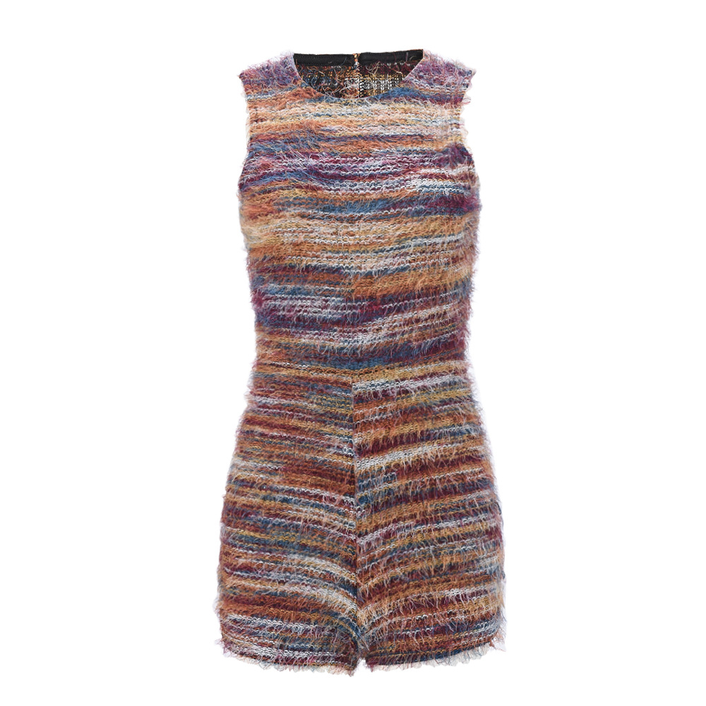 Women Clothing Sleeveless Tight Sexy Color Block Hollow Out Cutout Yarn Dyed Fluff Jumpsuit