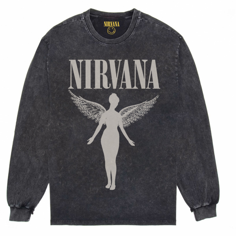 Nirvana Vintage American retro apenado rock punk angustiado lavado batik Camiseta de manga larga