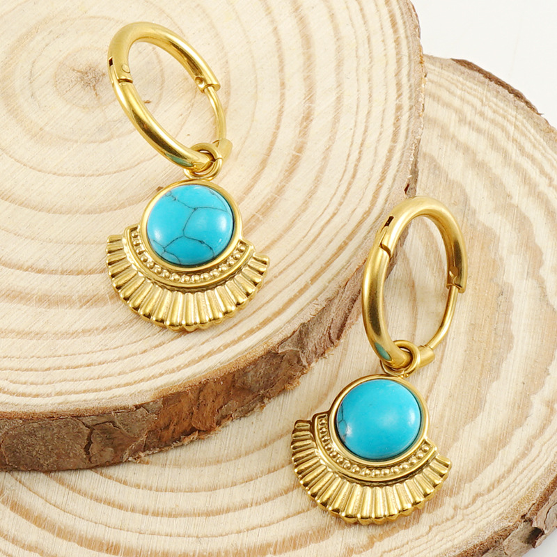 1 Pair Simple Style Round Sector Plating Inlay 304 Stainless Steel Turquoise 18K Gold Plated Drop Earrings display picture 1