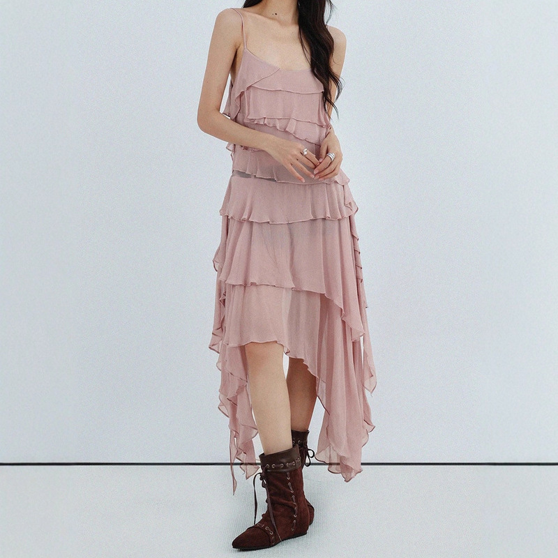 Celebrity-Inspired Gray-Pink Ruffled Layered Spaghetti Strap Dress for Women, New Autumn Irregular Design Long Dress
