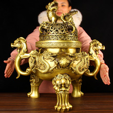 黄铜天狗炉摆件铜香炉铜熏香炉家用室内全铜三足九龙檀香炉摆件送