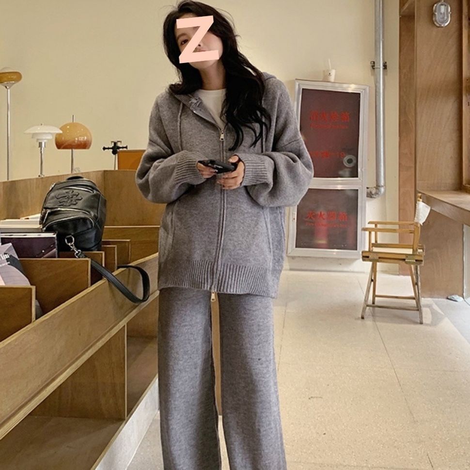 孕妇连帽针织开衫套装女2026秋冬新款宽松慵懒风休闲阔腿裤两件套