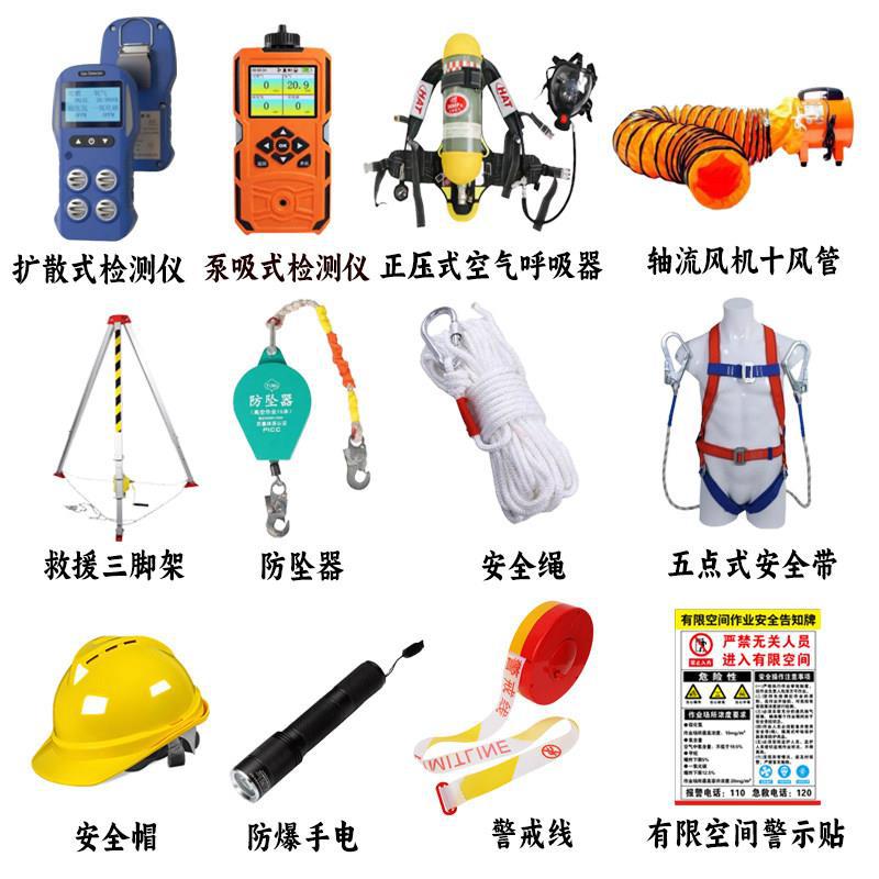 Complete set of emergency rescue equipment for confined space operations: tripod, gas detector, ventilation equipment, and air respirator