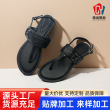黑色平底凉鞋女欧美外贸新款复古细带人字拖海边度假夹趾罗马鞋
