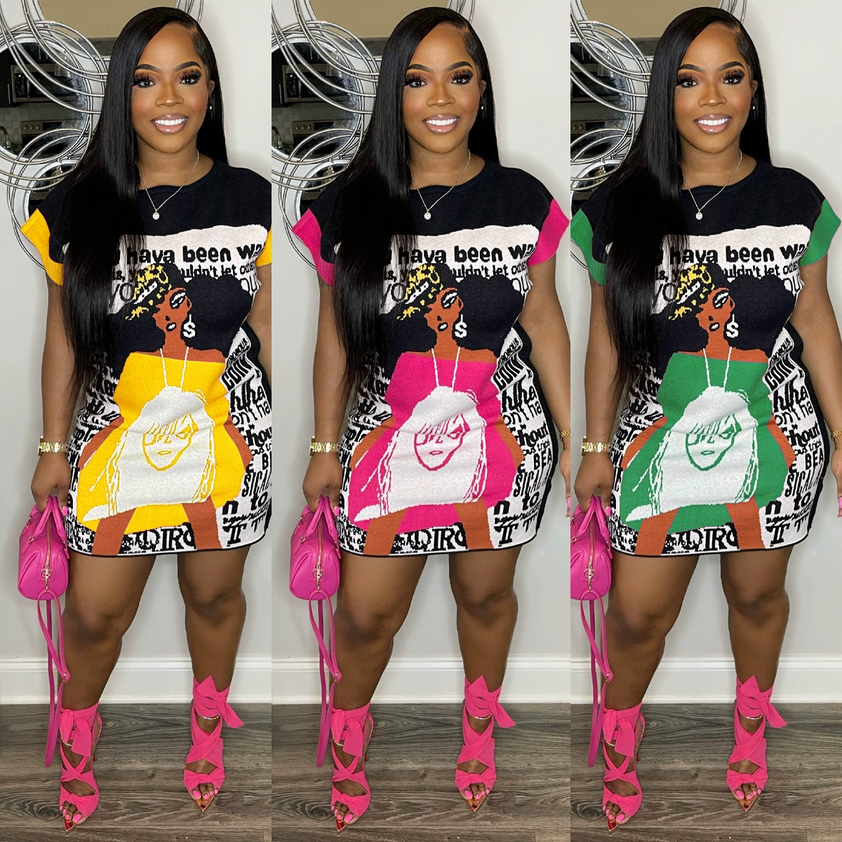 Y2606 Европейская и американская Amazon трансграничная 2023 Новая мода платье для отдыха с мультяшным принтом головы