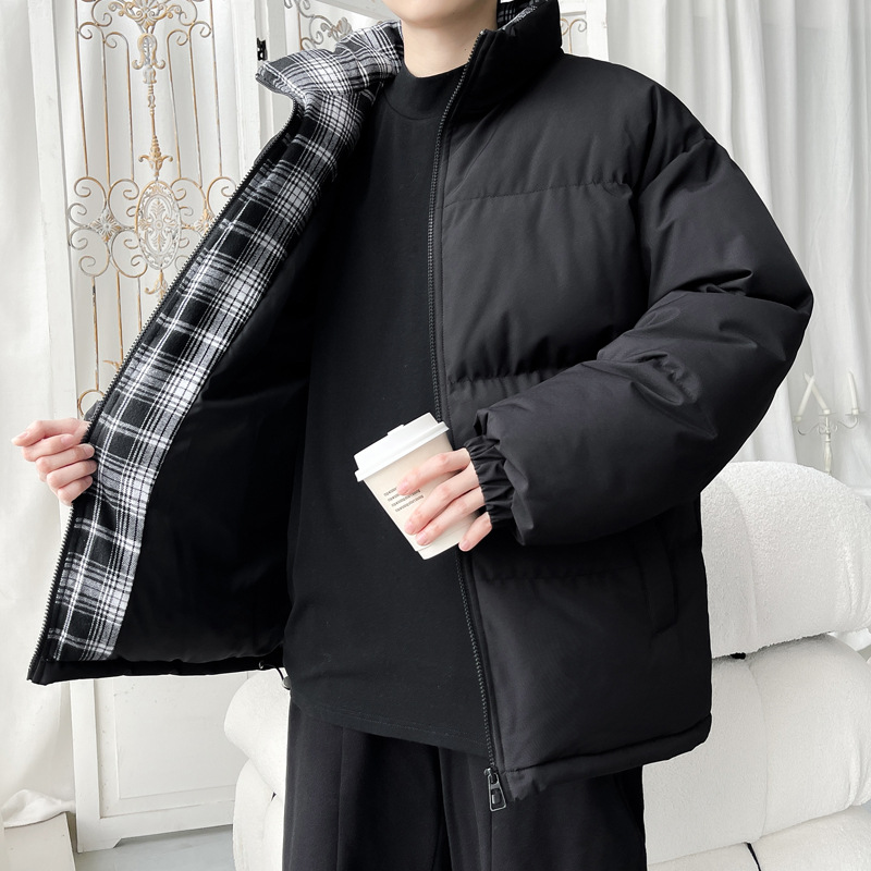 Plaid Stand Collar Puffer Winter New Fleece Lined Thickened Warm Down Coat Men's Cotton Jacket Outerwear_voghion.com