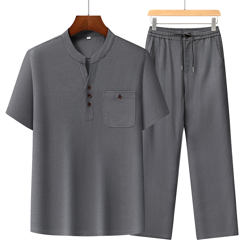 Marca de hombre algodón y lino conjunto de verano nuevo estilo frío lino de manga corta hombre ocio de mediana edad con pantalones rectos