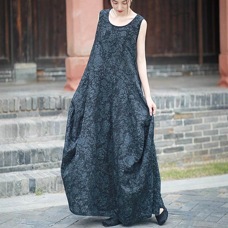 Self-Made Cotton Salt-Shrunk Jacquard Tank Dress with Artistic Style, Extended Version, Light Luxury and High-End Feel