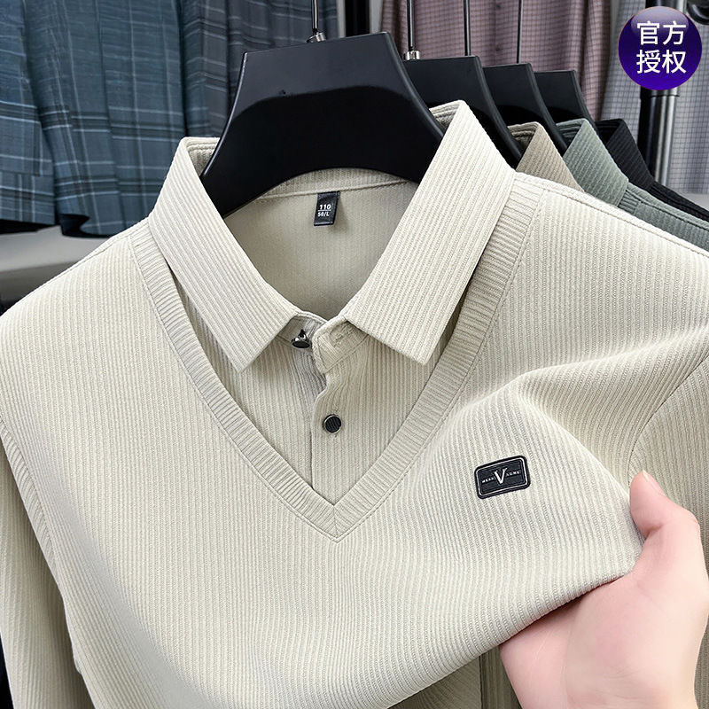 YX长袖T恤男士春秋款假两件打底衫爸爸装休闲 polo衫男上衣T