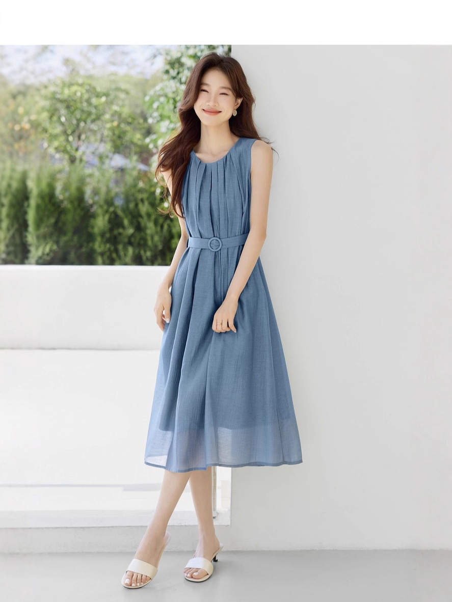 Váy đầm nữ cổ tròn eo thắt dáng chữ A phong cách công sở — Màu xanh da trời