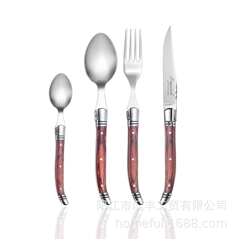 Manufacturer's best seller. Red colored wood 4-piece set of steak knife, fork, dessert spoon, Laguiole cutlery gift box set Manufacturer's best seller. Red colored wood 4-piece set of steak knife, fork, dessert spoon, Laguiole cutlery gift box set