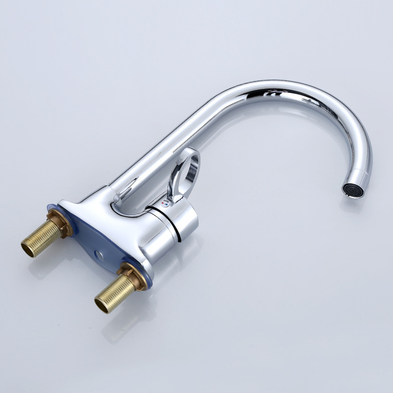 Copper Kitchen Double Hole Hot and Cold Water Ball Vegetable Basin Faucet Kitchen Universal Shower Wash Vegetable Basin Faucet Bench Faucet