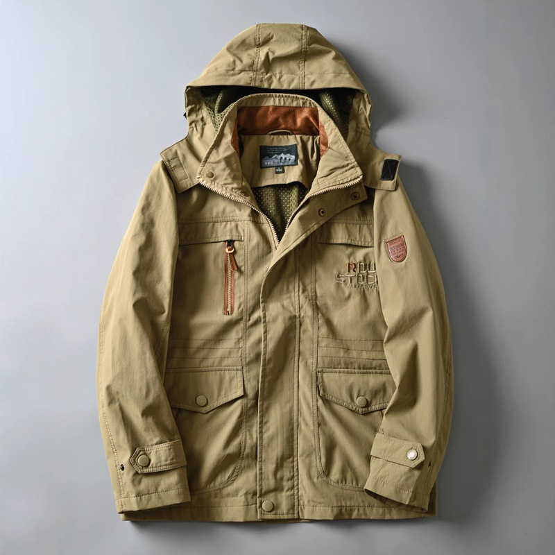 Men's Outdoor Multi-Pocket Casual Jacket with Detachable Hood and Durable Fabric