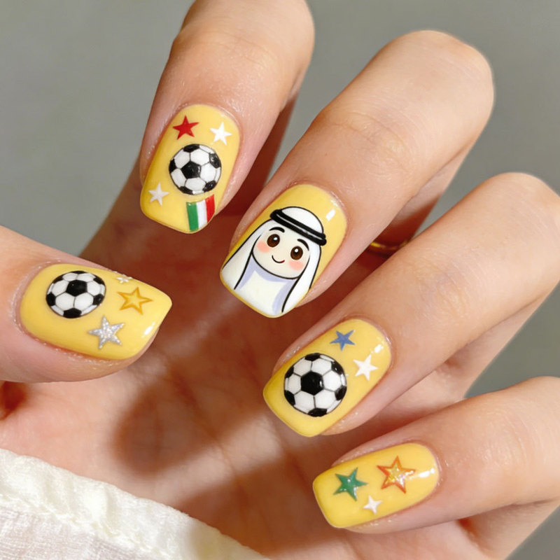 World Cup Football Wearable Nails Middle East Mascot Hand-Painted Football Stars Removable Fake Nail Stickers 24 Pieces