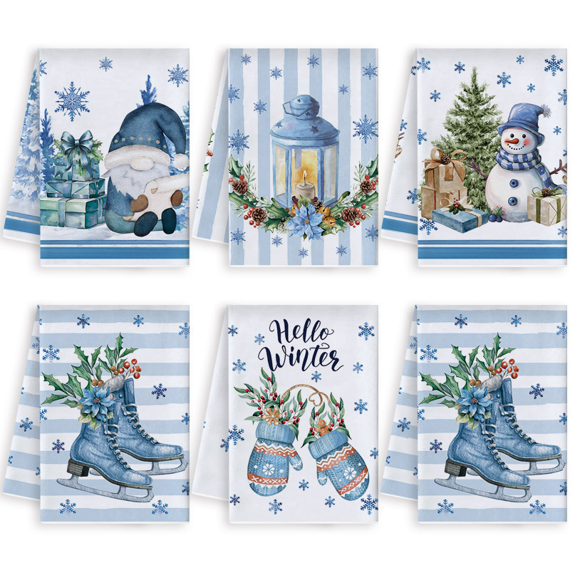Cross Border Towel Wholesale Labelable Towel Kitchen Dish Towel Blue Christmas New Napkin Combination suit