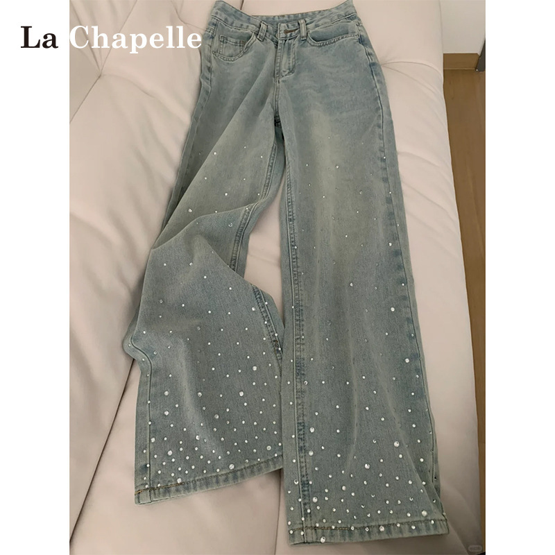 Light Color Hot Drilling Wide Leg Jeans Women's Spring and Autumn 2024 Trendy All-match New Design High Waist Slimming Straight Leg Pants