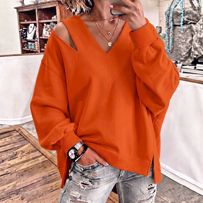 European and American foreign trade Amazon 2026 autumn and winter women's elegant off-shoulder V-neck solid color long-sleeve sweatshirt fashion pullover European and American foreign trade Amazon 2026 autumn and winter women's elegant off-shoulder V-neck solid color long-sleeve sweatshirt fashion pullover