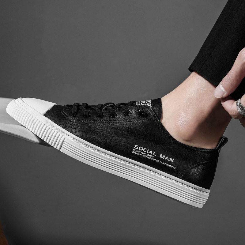Giày sneaker nam da thật thoáng khí, đế bệt cổ thấp, dây buộc phía trước — s1931 màu trắng, s1931 đen